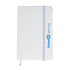 A white A6 notebook with a blue elastic band and branding on the side.