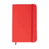A red A6 notebook with an elastic band closure and a ribbon bookmark. It features a smooth surface.