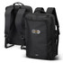 A black convertible travel backpack with adjustable straps and a logo. Designed for versatility and practicality.
