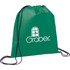 A green non-woven drawstring sportpack with black drawstrings and a logo on the front.