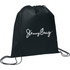 A black non-woven drawstring sportpack featuring a white logo and matching drawstrings.