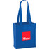 A blue non-woven tote bag with two handles and a logo on one side.