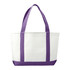 A large tote bag in white with purple straps and base, featuring a logo on one side.