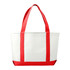 A large tote bag in white with red handles and a logo, featuring a spacious design for various items.