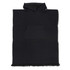 A black hooded towel featuring a front pocket and fringe detailing at the bottom. It includes a logo.