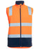 An orange and navy three-layer softshell vest with reflective strips and a high collar. It features a logo.