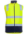 A high-visibility three-layer softshell vest in bright yellow with navy accents, featuring reflective strips and a logo.