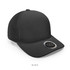 A black mesh cap featuring a circular logo and a structured brim. The body is made from polyester.