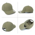 A khaki cap featuring a structured design, showcasing various angles including the front, side, and inside view, with a logo.