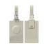 A beige luggage tag with a rounded section on one side and a snap fastener on the other. It features a metal attachment.