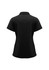 A black women's short sleeve polo shirt featuring a classic collar and a fitted design, including a branding logo.