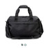 A black recycled duffle bag with dual handles, a shoulder strap, and a logo on the side.