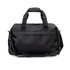 A black recycled duffle bag with dual handles and an adjustable shoulder strap. It features a logo.