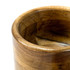 A wooden mortar featuring a smooth, polished interior and rounded lip, showcasing rich wood grain textures.