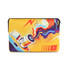 A medium laptop sleeve featuring a vibrant yellow design with multicoloured abstract graphics and a logo.