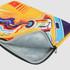 A medium laptop sleeve featuring vibrant artwork in yellow, blue, and orange with a logo on the surface.