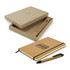 A brown cork notebook with an elastic band and a matching pen, presented in a cardboard box.