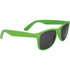 A pair of vibrant green sunglasses with dark lenses and a sleek design, featuring a logo on the side.