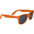 Bright orange sunglasses with dark lenses, featuring a logo on the side. Ideal for leisure and outdoor activities.