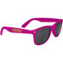 Bright pink sunglasses with dark lenses and a logo on one arm, part of the leisure and outdoors accessories.