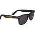 Black sunglasses with dark lenses and a logo on the side. Ideal for leisure and outdoor activities.