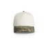 A two-tone camo cap featuring a white crown and a camouflage-patterned curved brim. It has a branding logo.