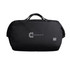 A black duffel bag with a logo on the front. It features dual handles for carrying.