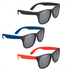 Three pairs of retro sunglasses in black frames with blue, red, and black arms, featuring grey lenses.