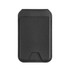 A black magnetic wallet with a phone stand feature, displaying a sleek and minimal design. It has a logo on the front.