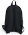 A black backpack with padded shoulder straps and mesh side pockets, featuring a branding logo.