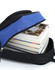A black and blue backpack with a zippered opening, filled with several stacked books.
