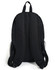 A black backpack featuring padded shoulder straps and mesh side pockets. It has a simple design and includes a logo.