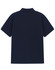 A navy blue men's classic cotton/poly pique short sleeve polo featuring a collared design and a branding logo.