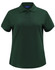 A dark green women's short-sleeve polo shirt with a collar and buttons, featuring a logo.