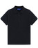 A navy polo shirt with a classic collar and short sleeves, featuring a button placket and a logo.
