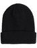 A black roll-up cable knit snug beanie with a ribbed texture and a folded cuff. It features a logo.