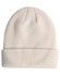 A white cable knit snug beanie with a rolled cuff and a branding logo.
