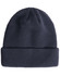 A navy roll-up cable knit snug beanie with a folded brim and a logo.