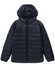 A lightweight hooded puffer jacket in navy blue, featuring a zip front and a hood. Includes a logo on the jacket.