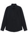 A black long-sleeve shirt with a button-up collar and a chest pocket, featuring a logo.