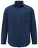A navy blue long-sleeve shirt with a button-up front and a single chest pocket. It features a subtle logo.