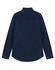 A navy blue long-sleeve shirt featuring a collar and button details, with a plain back view and a branding logo.