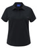 A black ladies' polo shirt with a stand-up collar, short sleeves, and a logo on the chest area.