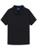 A black high-performance polo shirt with a collar and short sleeves, featuring a logo on the label.
