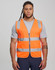 An orange safety vest featuring reflective strips and utility pockets, worn by a person with long hair.