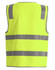 A high visibility safety zip vest in bright yellow with reflective grey stripes, featuring pockets for utility and ID.