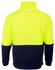 A Hi-Vis polar fleece full zip jacket in bright yellow and navy, featuring a branding logo on the back.