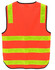 A high-visibility safety vest in bright orange with yellow reflective stripes, featuring a logo.