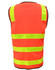 A high-visibility orange safety vest featuring reflective yellow stripes, designed for road safety.