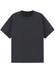 An oversized unisex tee in dark grey with a crew neck and short sleeves, featuring a logo.